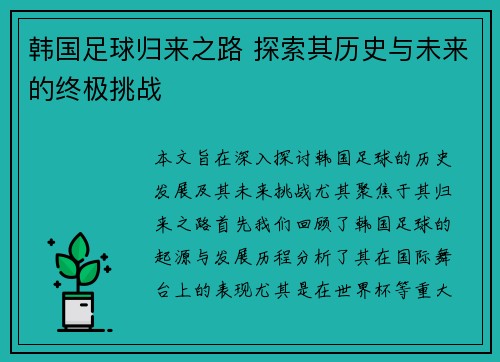 韩国足球归来之路 探索其历史与未来的终极挑战